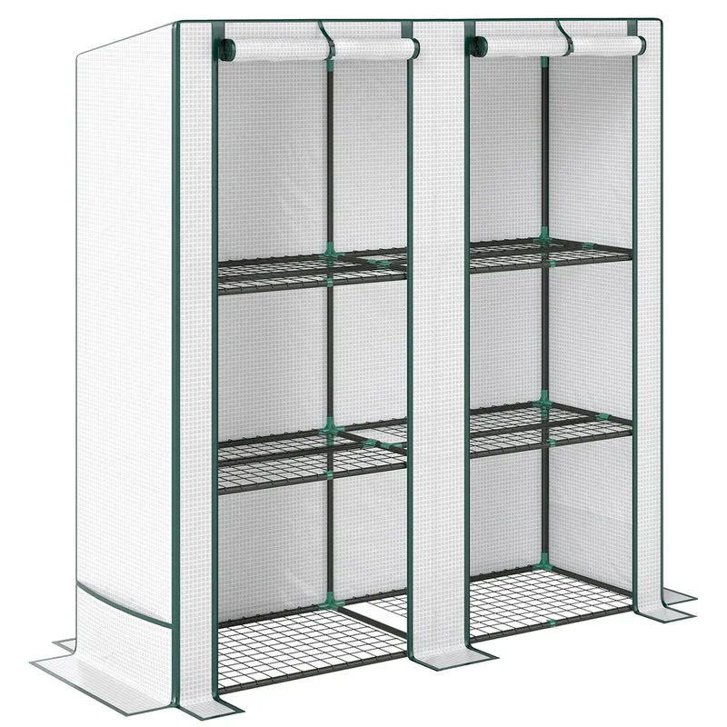 Serra da Giardino 144x48x142-152 cm con 2 Porte Avvolgibili 3 Ripiani e Tasche Laterali in PE Bianco e Verde