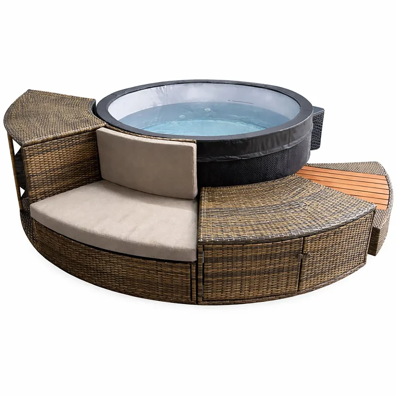Vasca Idromassaggio Piscina Spa Oasi Completa Set 5 Mobili 296x20x73 cm in PVC e Rattan Grigio e Marrone