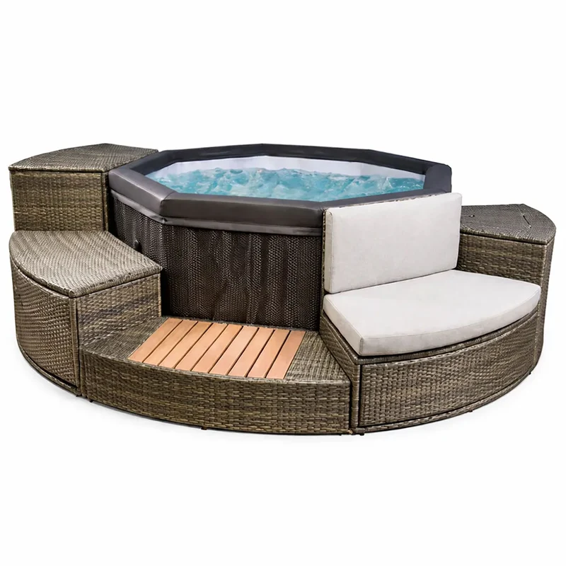 Vasca Idromassaggio Piscina Spa Ottavia Completa Set 5 Mobili 305x249x70 cm in PVC e Rattan Grigio e Marrone