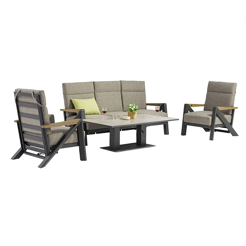 Set 4 Pezzi Salotto da Giardino 5 Posti Kea Plus con Divano 2 Poltrone Reclinabili e Tavolino Piano in Ceramica in Alluminio Verniciato Grigio