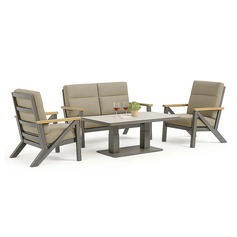Set 4 Pezzi Salotto da Giardino 4 Posti Kea con Divano 2 Poltrone Reclinabili e Tavolino Piano in Ceramica in Alluminio Verniciato Grigio