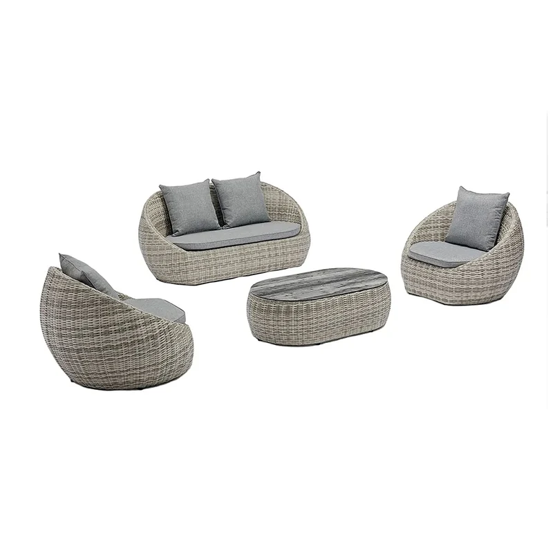 Set 4 Pezzi Salotto da Giardino 4 Posti Santorini con Divano 2 Poltrone e Tavolino in Polyrattan Grigio