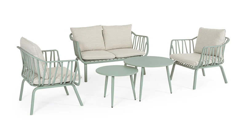 Set 5 Pezzi Salotto da Giardino con Divano 2 Poltrone e 2 Tavolini in Acciaio e PP Nixie Verde Salvia