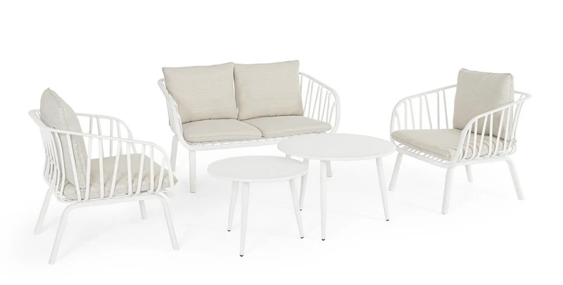 Set 5 Pezzi Salotto da Giardino con Divano 2 Poltrone e 2 Tavolini in Acciaio e PP Nixie Bianco