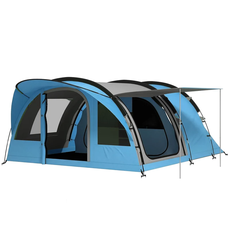Tenda Campeggio a Tunnel per 2-4 Persone 565x370x200 cm con 2 Stanze Impermeabile 3000mm per Trekking Azzurro