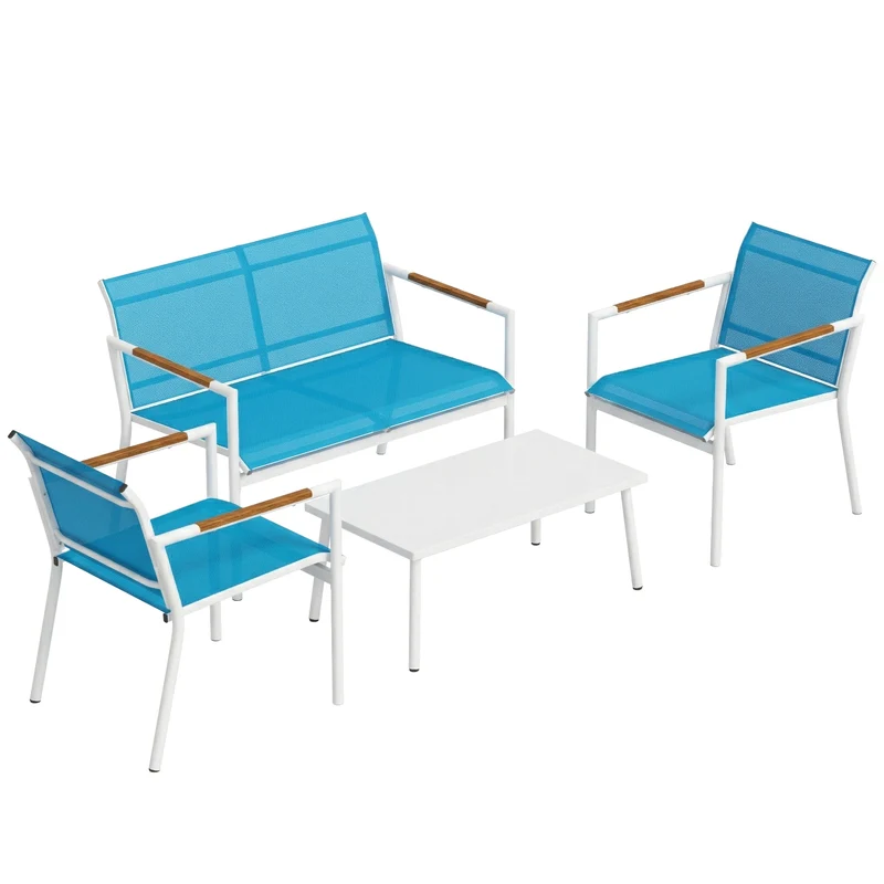 Set 4 Pezzi Salotto da Giardino Divano 2 Poltrone Tavolo in Metallo e Texteline Blu