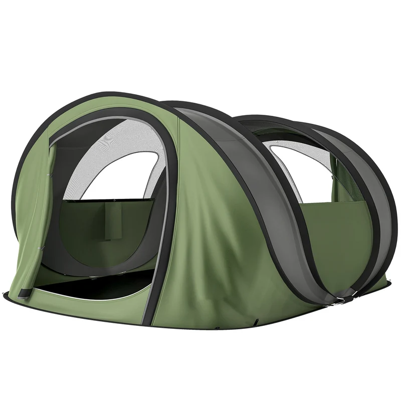 Tenda da Campeggio Pop-Up per 2-3 Persone 265x220x115 cm 2 Porte 2 Finestre Impermeabile in Poliestere Verde
