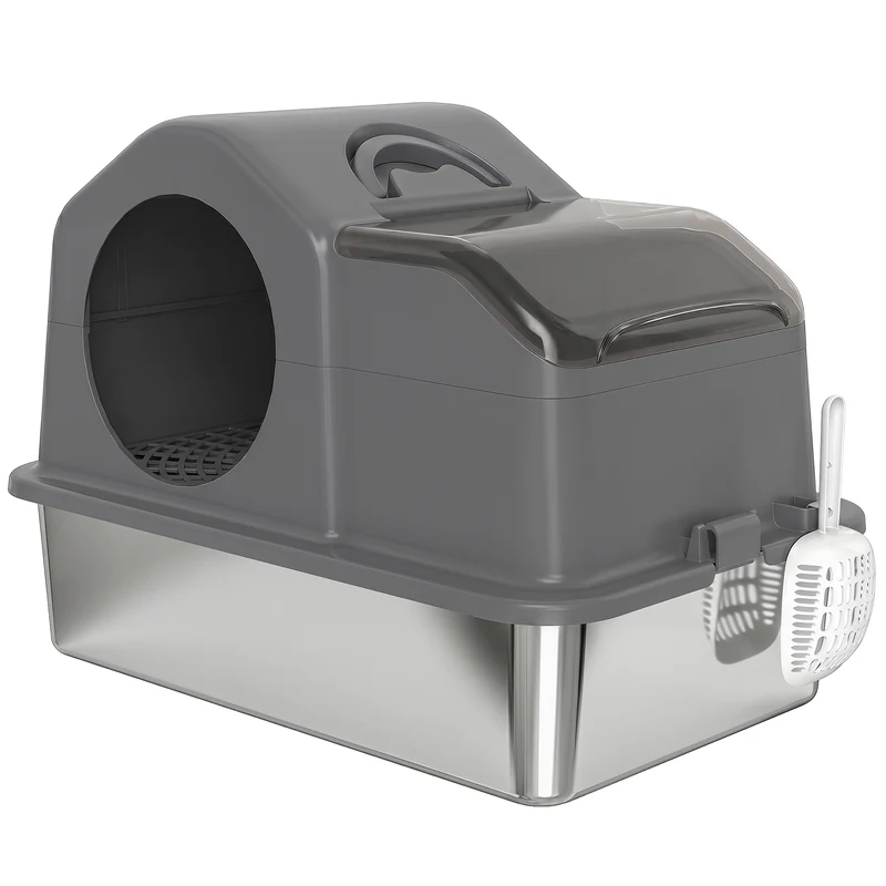 Lettiera Gatto Chiusa XL 60,5x40,5x45 cm con Coperchio Paletta Tappetino di Raccolta in Acciaio Inox Grigio Scuro