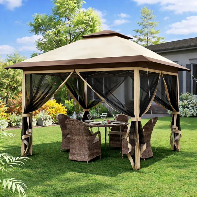 Gazebo Pieghevole One Touch 3,6x3,6 m Rivestimento Impermeabile e Resistente Beige