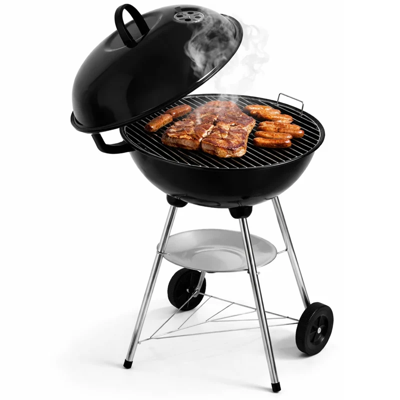 Barbecue Carbone Rotondo Ø44 cm con Ruote e Vassoio Griglia in Acciaio Nero e Argento