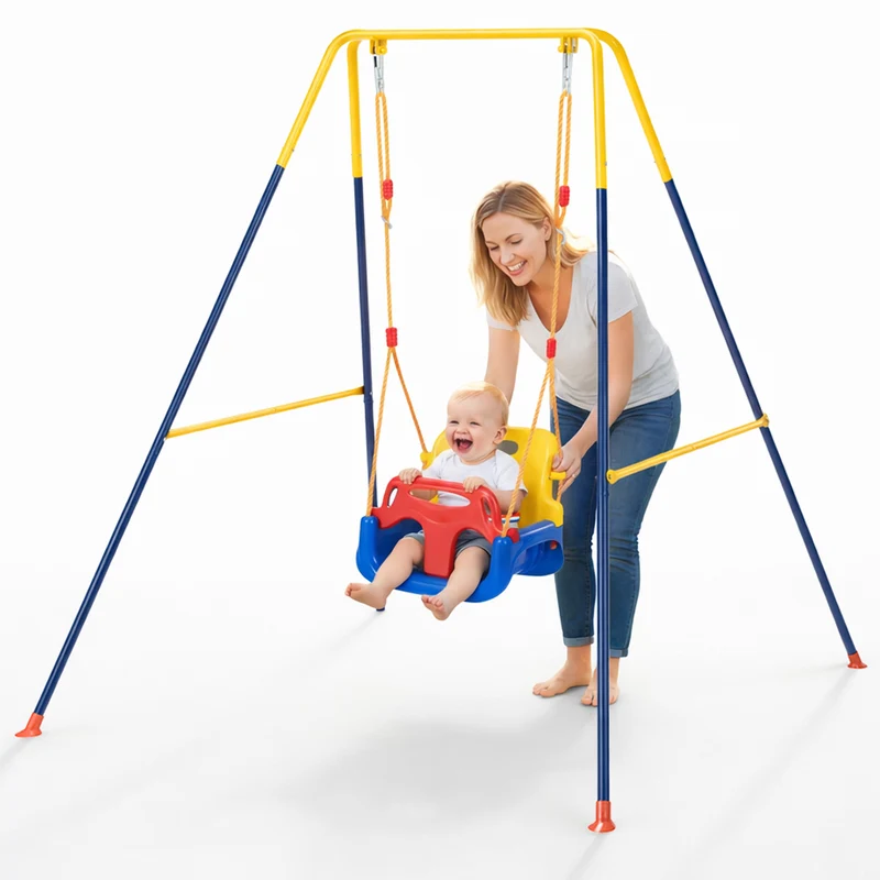 Altalena 3in1 per Bambini Esterni e Interni con Seggiolino e Cinture Resistente Giallo e Blu