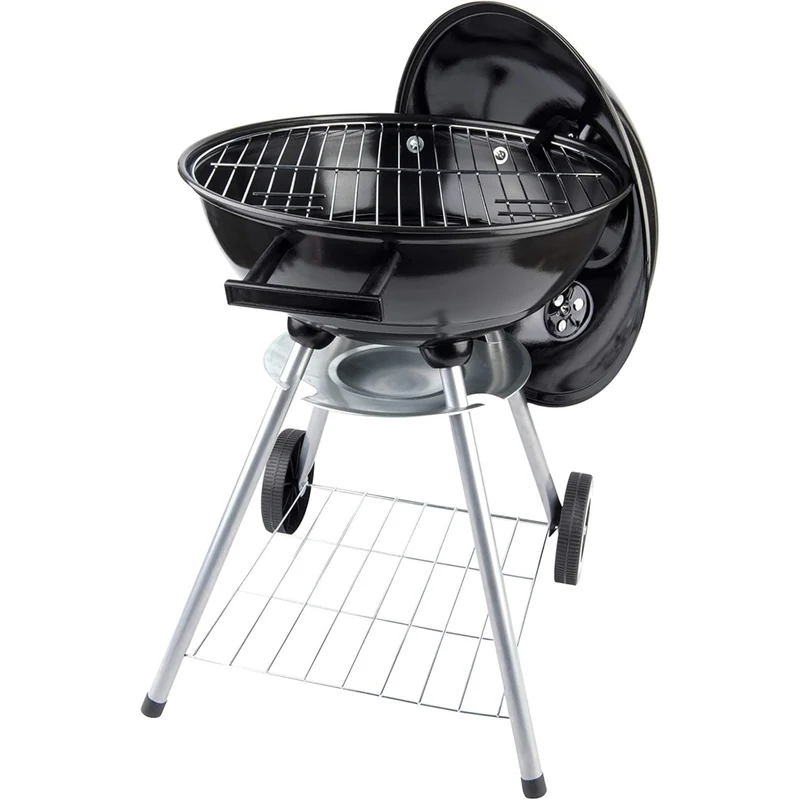 Barbecue a Carbone Griglia Ø43 cm con Valvola di Ventilazione e Ruote in Acciaio Nero