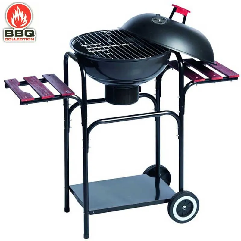 Barbecue a Carbone 102x46x95 cm con Coperchio e Griglia 46 cm con Ripiani in Legno Struttura in Acciaio Nero