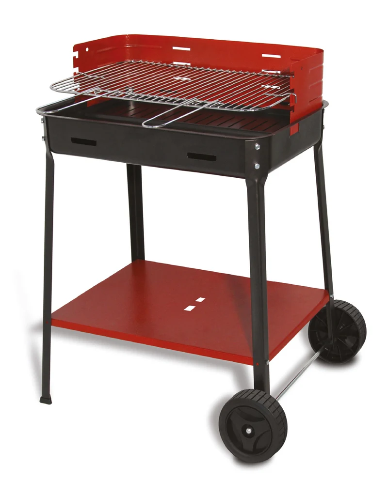 Barbecue a Carbone Flavia 45x35x80 cm Griglia Regolabile a 3 Altezze con Ruote in Acciaio Nero e Rosso