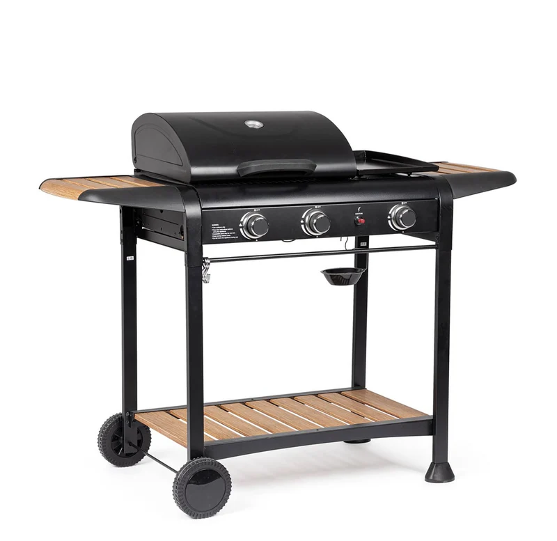 Barbecue a Gas 3 Bruciatori 133x57x98h cm Accensione Piezoelettrica in Acciaio Loni Nero