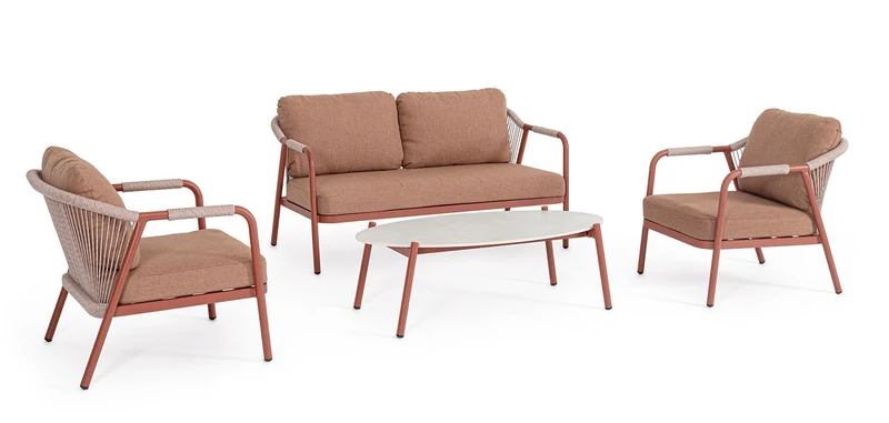 Set 4 Pezzi Salotto da Giardino con Divano 2 Poltrone e Tavolino in Alluminio Corda Poliestere e Pietra Sinterizzata Miravet Rame