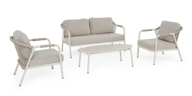 Set 4 Pezzi Salotto da Giardino con Divano 2 Poltrone e Tavolino in Alluminio Corda Poliestere e Pietra Sinterizzata Miravet Wall