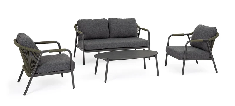 Set 4 Pezzi Salotto da Giardino con Divano 2 Poltrone e Tavolino in Alluminio Corda Poliestere e Pietra Sinterizzata Miravet Antracite e Verde
