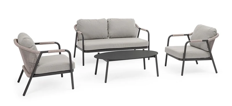 Set 4 Pezzi Salotto da Giardino con Divano 2 Poltrone e Tavolino in Alluminio Corda Poliestere e Pietra Sinterizzata Miravet Antracite e Cachi