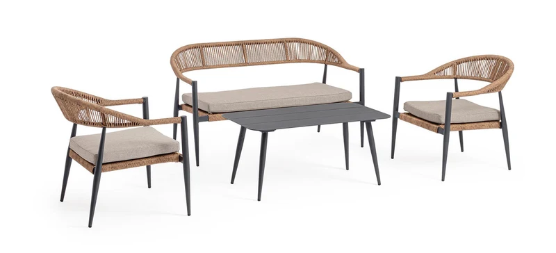 Set 4 Pezzi Salotto da Giardino con Divano 2 Poltrone e Tavolino in Alluminio e Fibra Sintetica Jandia Antracite e Naturale