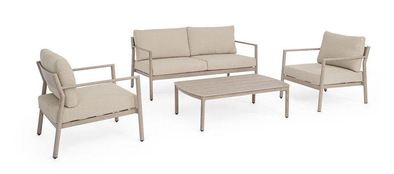 Set 4 Pezzi Salotto da Giardino con Divano 2 Poltrone e Tavolino in Alluminio e Spun Poly Sirius Timber