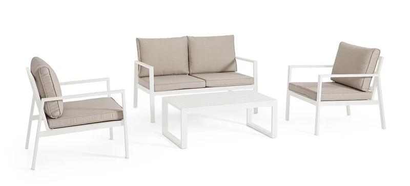 Set 4 Pezzi Salotto da Giardino con Divano 2 Poltrone e Tavolino in Alluminio e Spun Poly Hilde Bianco