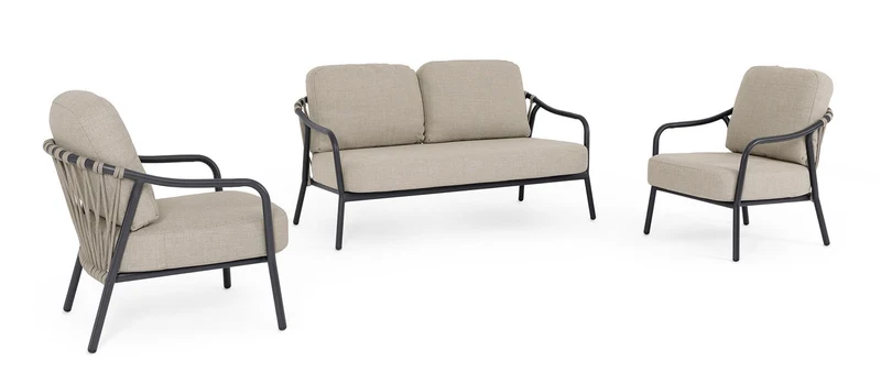 Set 3 Pezzi Salotto da Giardino con Divano 2 Poltrone in Alluminio e PP Edvige Antracite
