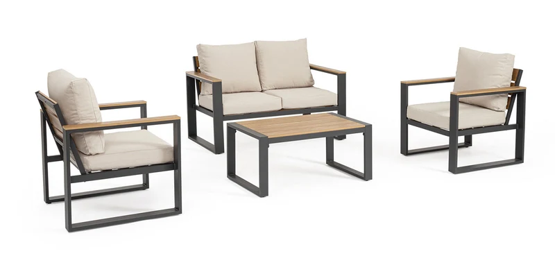Set 4 Pezzi Salotto da Giardino con Divano 2 Poltrone e Tavolino in Alluminio e Polywood Leandro Antracite e Beige