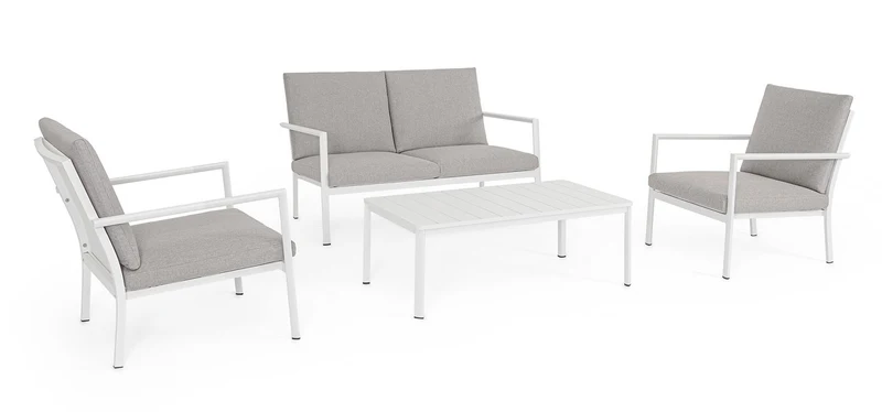 Set 4 Pezzi Salotto da Giardino con Divano 2 Poltrone e Tavolino in Alluminio e PP Konnor Bianco