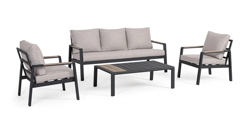 Set 4 Pezzi Salotto da Giardino con Divano 2 Poltrone e Tavolino in Alluminio e Polywood Elna Antracite