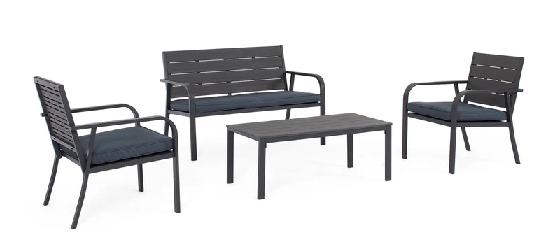 Set 4 Pezzi Salotto da Giardino con Divano 2 Poltrone e Tavolino in Acciaio e HDPE Sarita Antracite