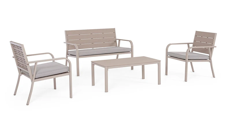 Set 4 Pezzi Salotto da Giardino con Divano 2 Poltrone e Tavolino in Acciaio e HDPE Sarita Tortora