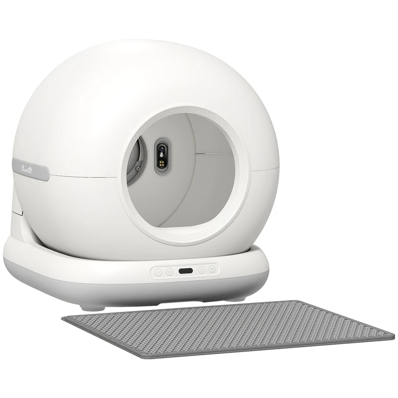Lettiera Autopulente per Gatti 58,1x47,5x53 cm con Telecamera HD Contenitore da 7L e Sensori in PP e ABS Bianco e Grigio
