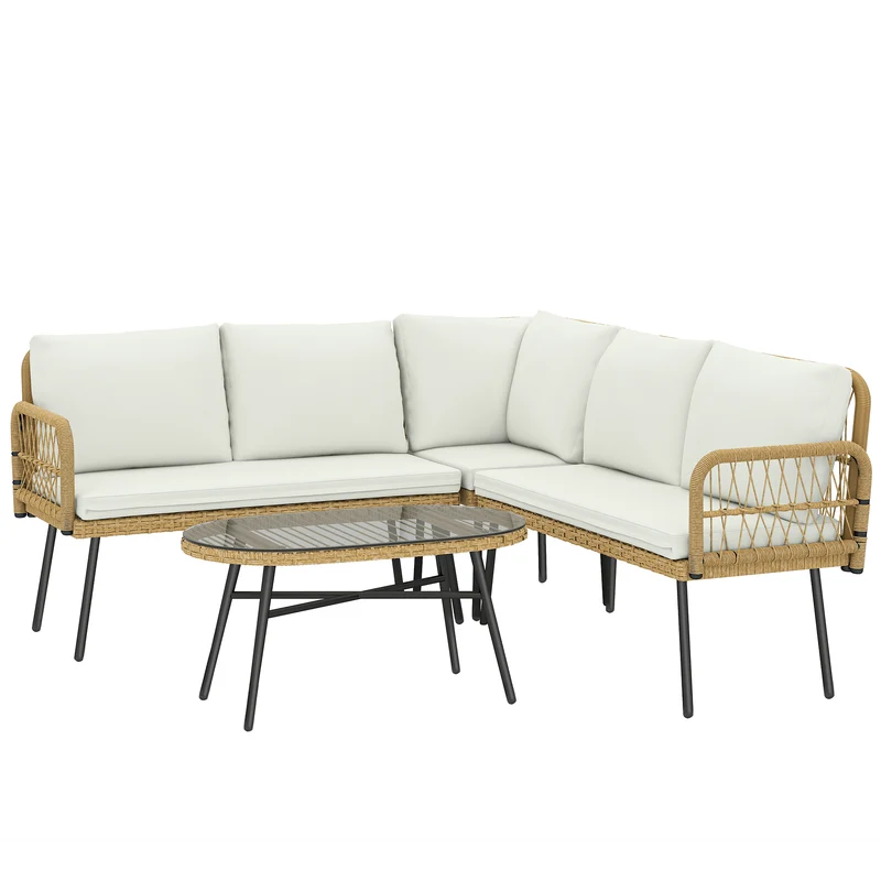 Set 4 Pezzi Salotto da Giardino con 2 Divani 2 Posti Angolari e Tavolino da Caffè in Acciaio e Rattan Legno e Crema