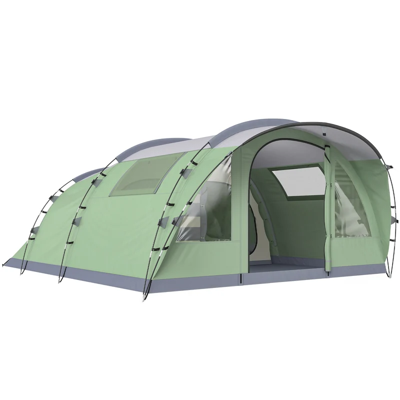 Tenda da Campeggio Multi-Stanza 505x390x196 cm per 2-4 Persone con Finestre e Veranda Struttura in Fibra di Vetro Verde