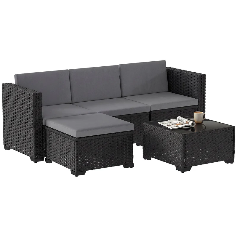 Set 5 Pezzi Salotto da Esterno con Divano Modulare e Tavolino con Piano in Vetro in Rattan PE Grigio