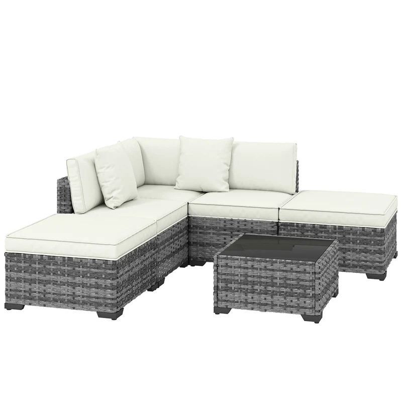 Set 6 Pezzi >Salotto da Giardino con Divano Modulare Tavolino e Cuscini in Rattan e Acciaio Grigio
