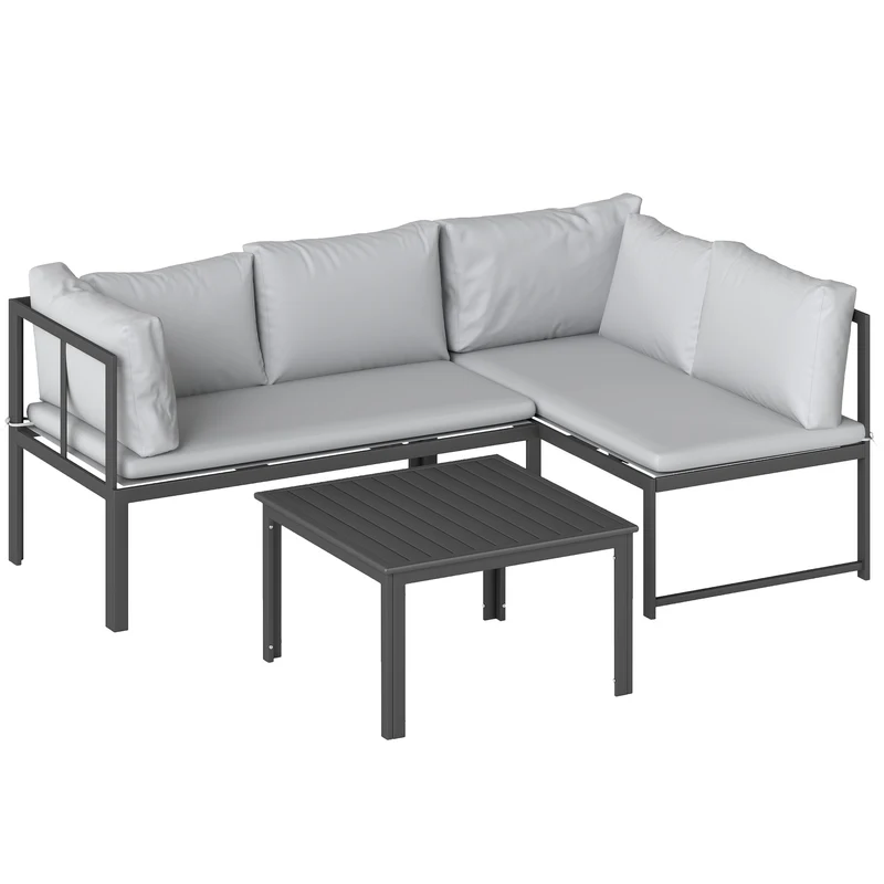 Set 3 Pezzi da Giardino con Divano Angolare Modulabile 4 Posti e Tavolino a Doghe in Metallo e Poliestere Grigio