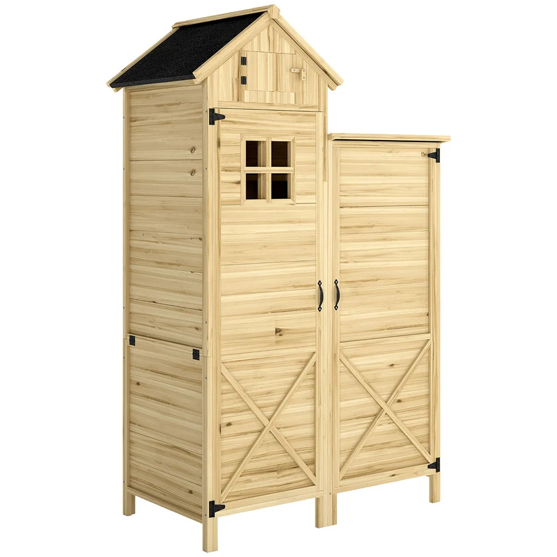 Armadio da Esterno per Attrezzi 106x57x167 cm a 2 Zone con Ripiani Regolabili e Finestra in Legno di Abete Naturale