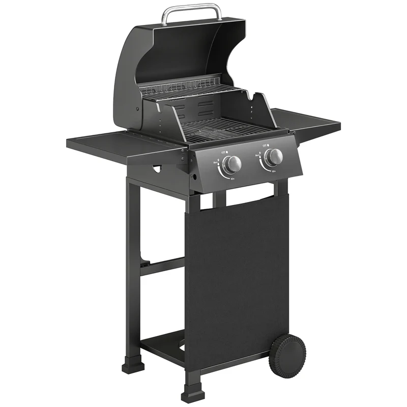Barbecue a Gas Propano 95x53x111,5 cm con 2 Bruciatori Ripiani e Coperchio con Termometro in Acciaio Nero