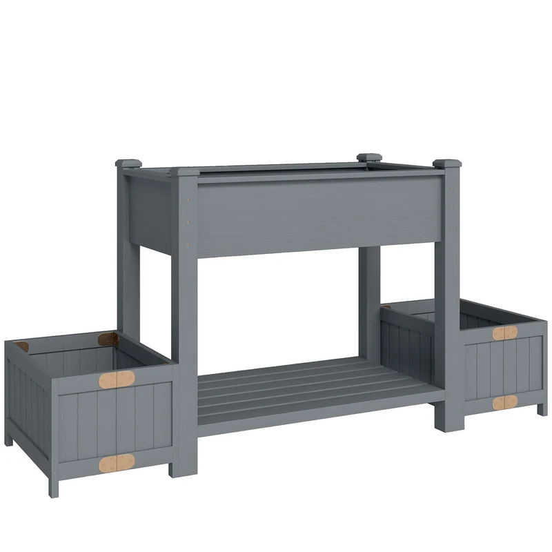 Fioriera Rialzata 149x46x76 cm con 2 Vasi Laterali e Ripiano per Attrezzi in Legno di Abete Grigio