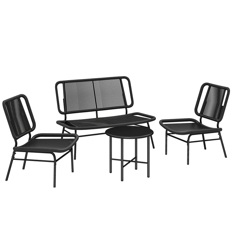 Set 4 Pezzi Salotto da Giardino con Divano 2 Sedie con Tavolino in Rattan e Metallo Nero