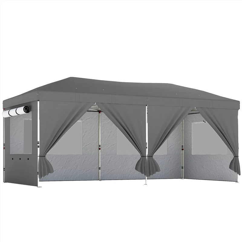 Gazebo Pieghevole 590x297x285 cm Pop Up con 6 Pareti Laterali Sacchi di Sabbia e Borsa in Tessuto UV50+ Grigio Scuro