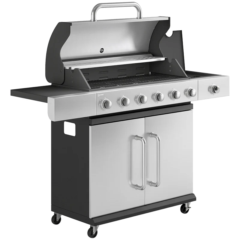 Barbecue a Gas 142x49x111 cm 6 Bruciatori e Fuoco Laterale in Acciaio Inox Nero e Argento