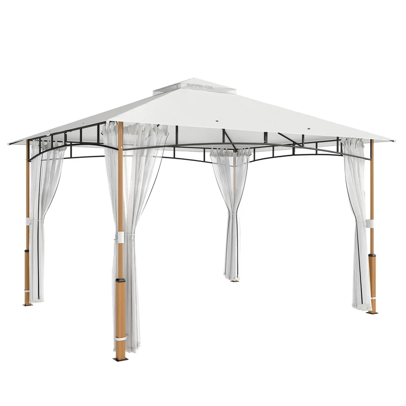 Gazebo da Giardino 360x300x275 cm Tetto Doppio in Metallo e Poliestere UPF50+ con Rete Crema