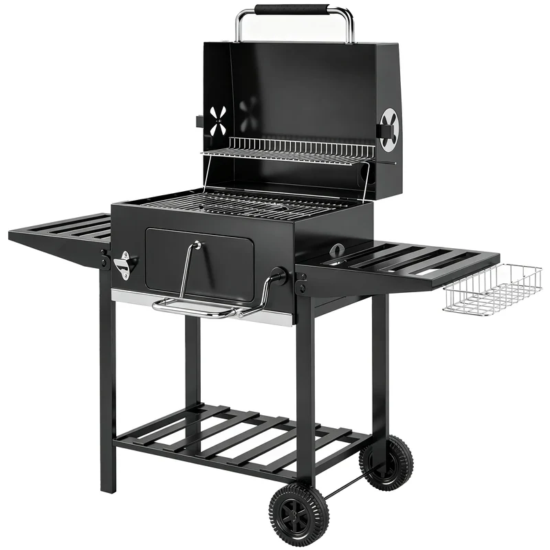 Barbecue a Carbone 133,5x65x110 cm a Rotelle con Griglia Regolabile e Ripiani Pieghevoli in Acciaio e PP Nero