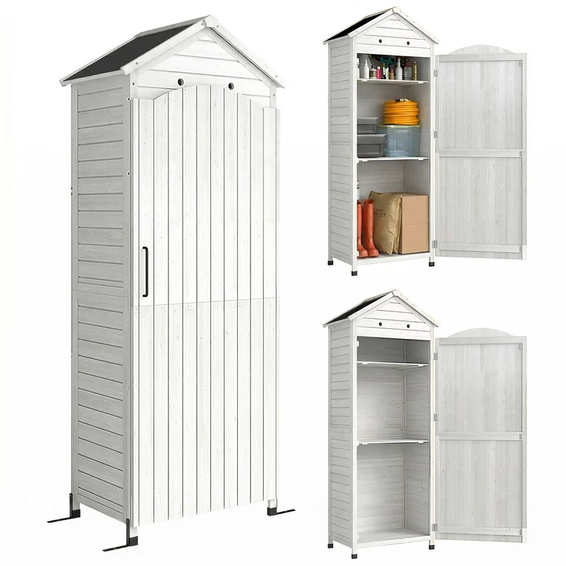 Casetta Box da Giardino 85x58x213 cm Ripostiglio con Scaffali Regolabili e Tetto Zincato in Legno Bianco