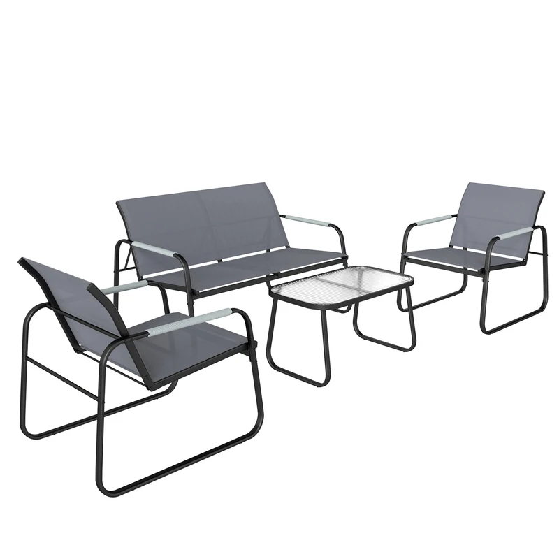 Set 4 Pezzi da Giardino con Divano 2 Posti 2 Sedie e Tavolino Struttura in Metallo Grigio