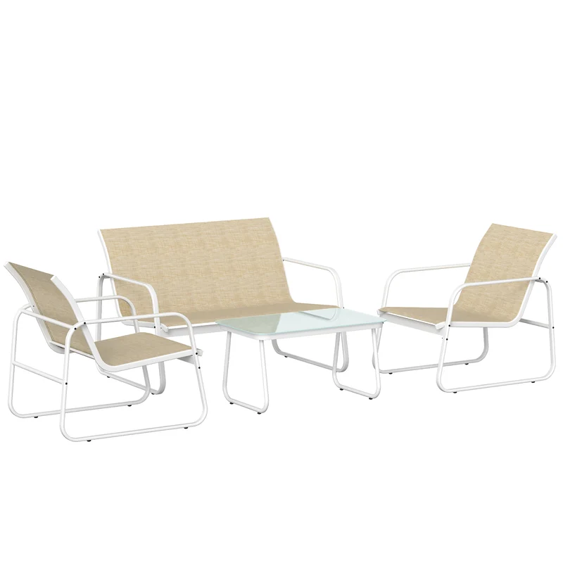 Set 4 Pezzi da Giardino con Divano 2 Poltrone e Tavolino in Texteline Cachi e Bianco