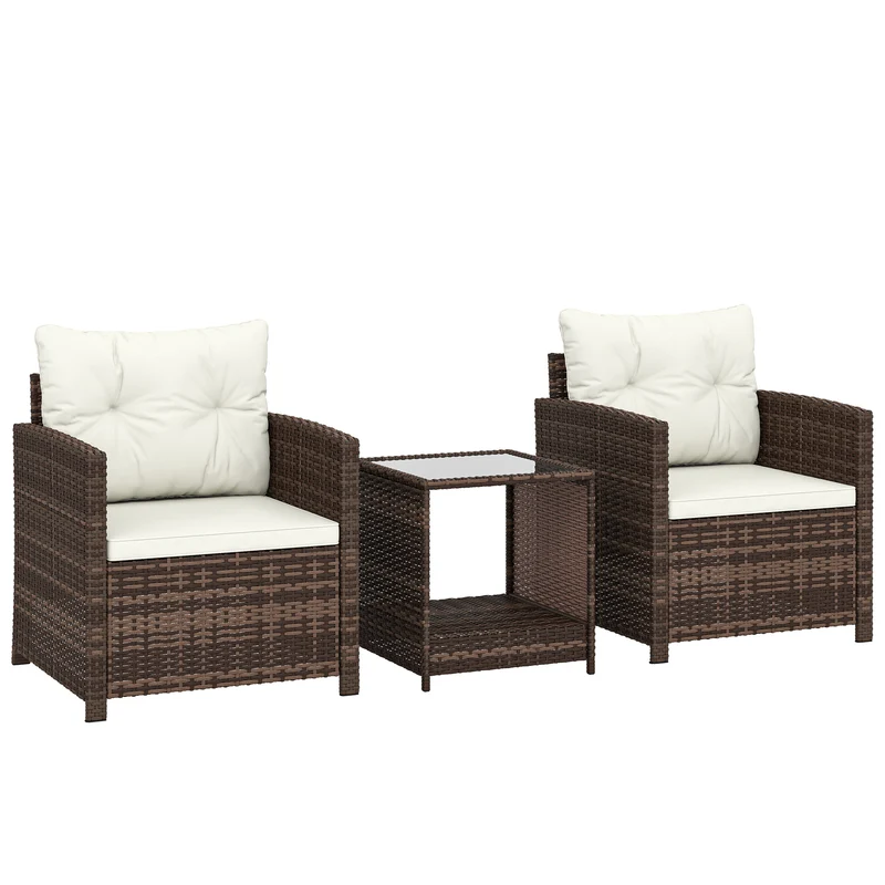 Set 3 Pezzi da Giardino con 2 Poltrone con Cuscini e Tavolino da Caffè in Rattan PE e Acciaio Marrone e Crema
